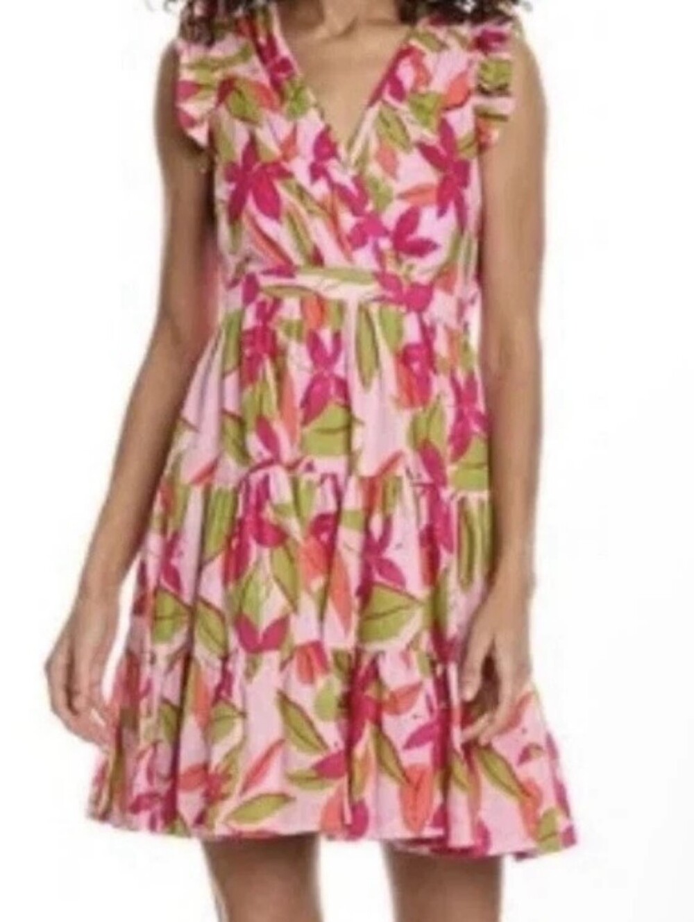 TAYLOR Lawn Multifloral Flutter Sleeves Surplice Tiered Knee-length Dress NWT LG